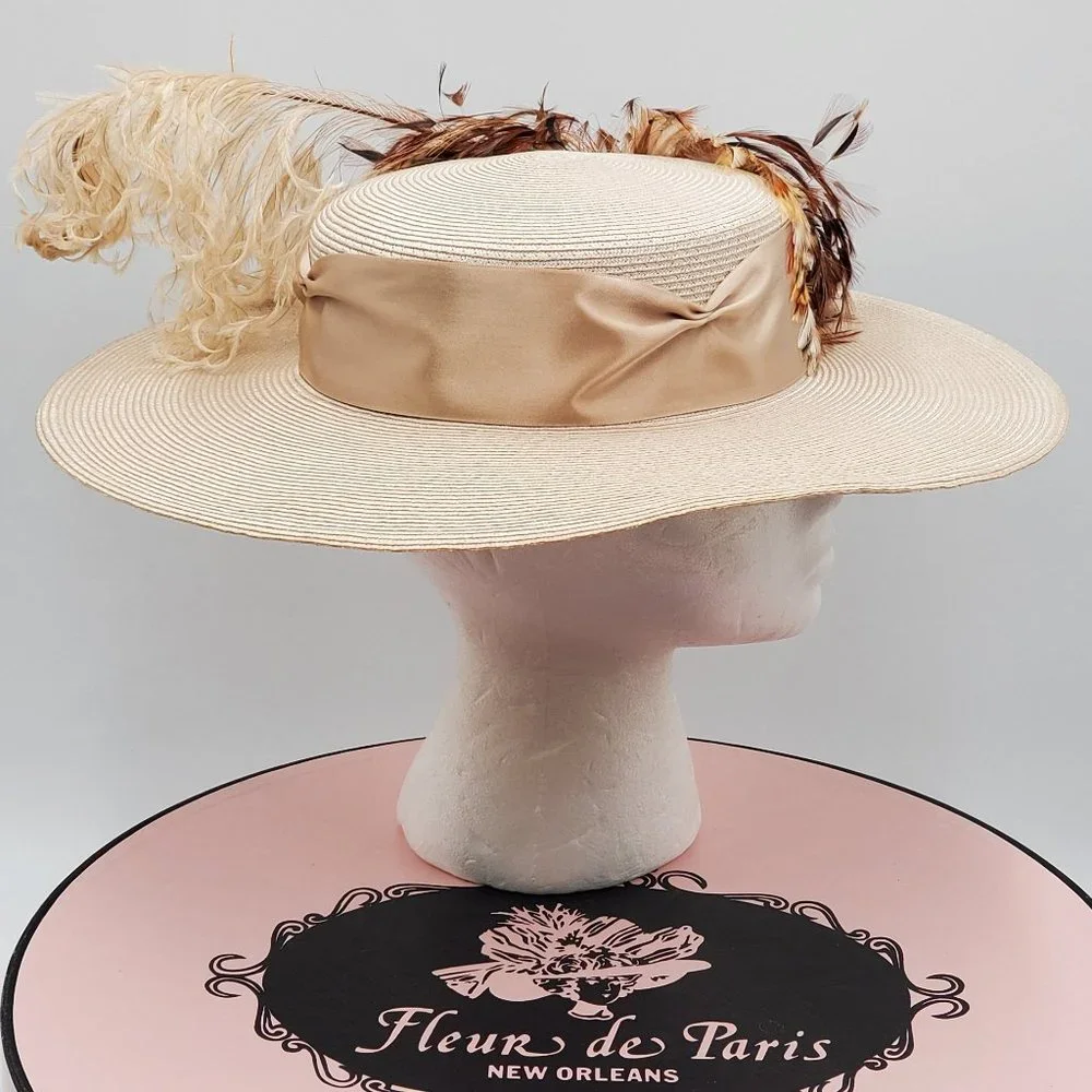 Fleur de Paris Boater's Straw Hat with Feathers